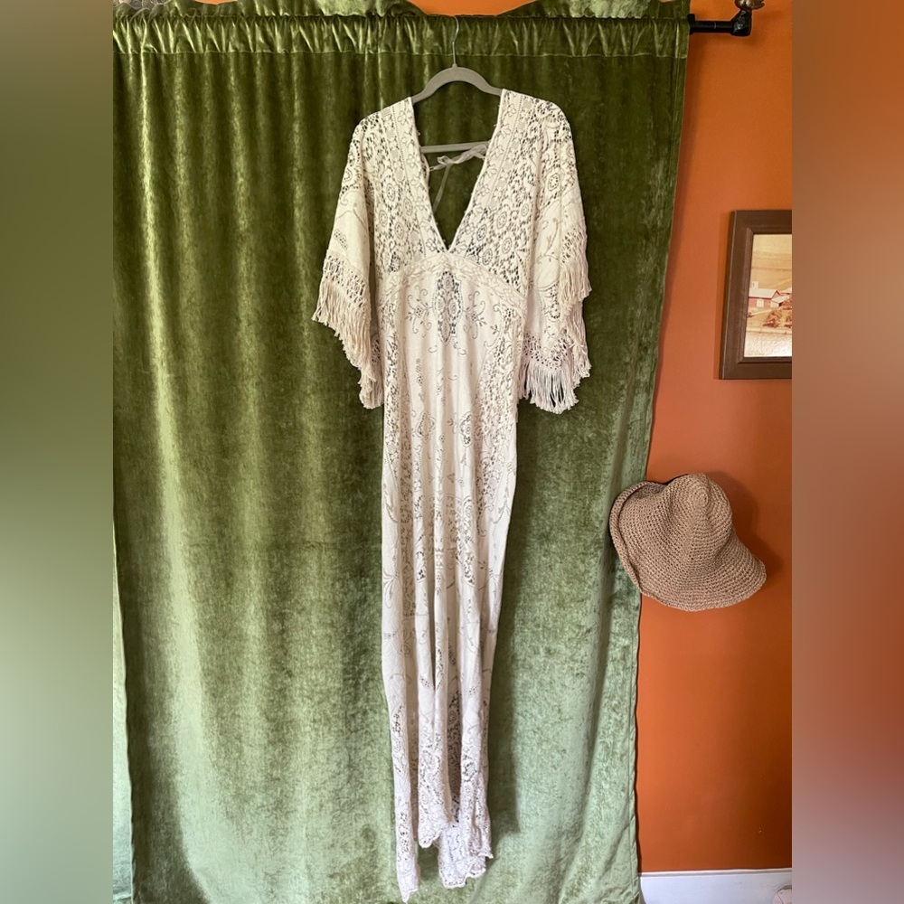 Boho Unique Antique Vintage Classic Cotton Ivory Lace Wedding dress size 4